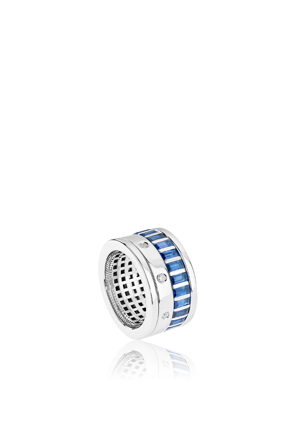 White gold ring with diamonds and blue sapphires