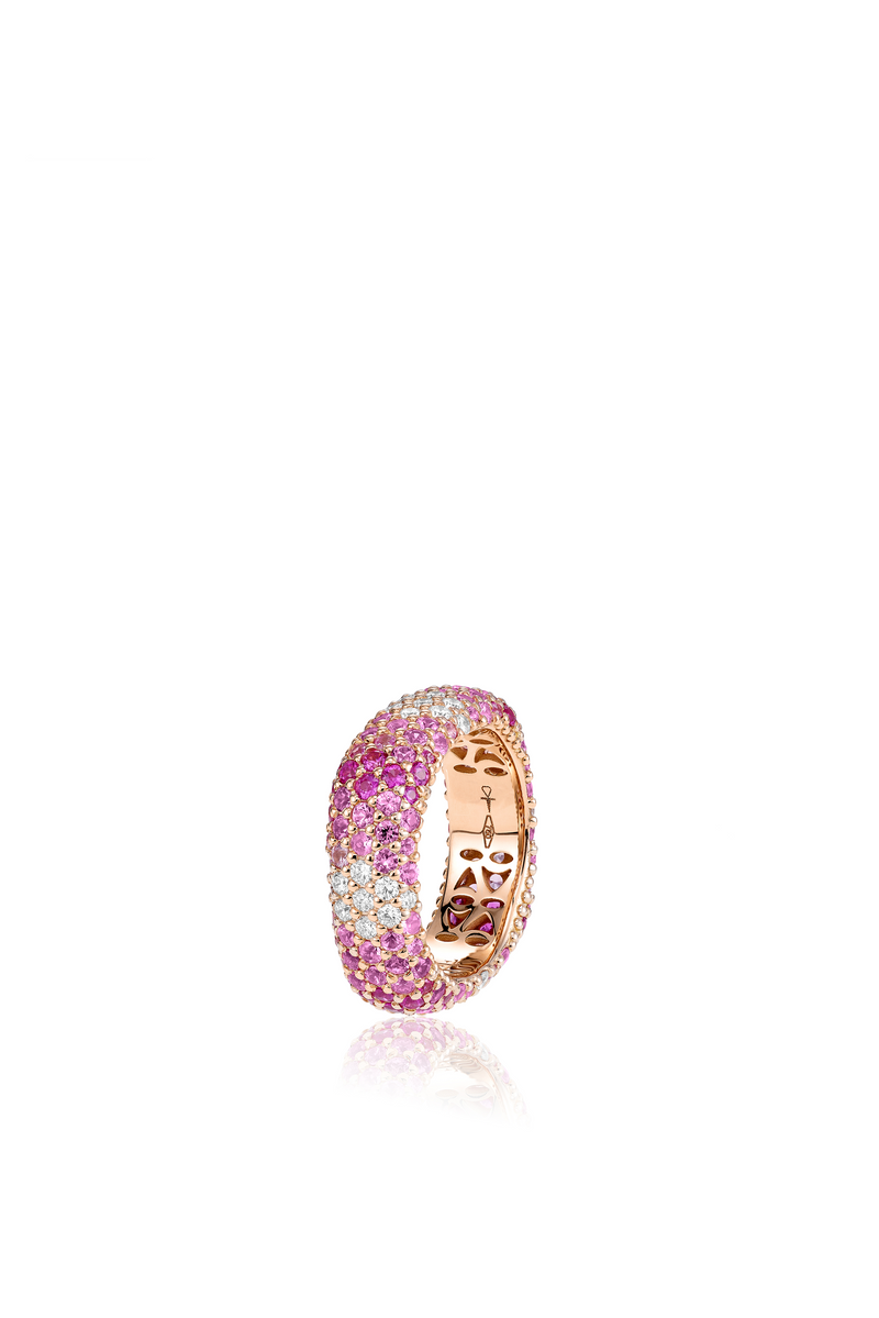 Rose gold ring with pavé degrdé of diamonds and pink sapphires