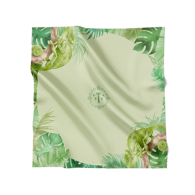 pastel green wool and silk shawl, with chameleon and jungle leaves