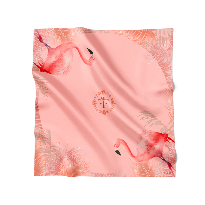 Coral wool and silk shawl with flamingos and jungle leaves