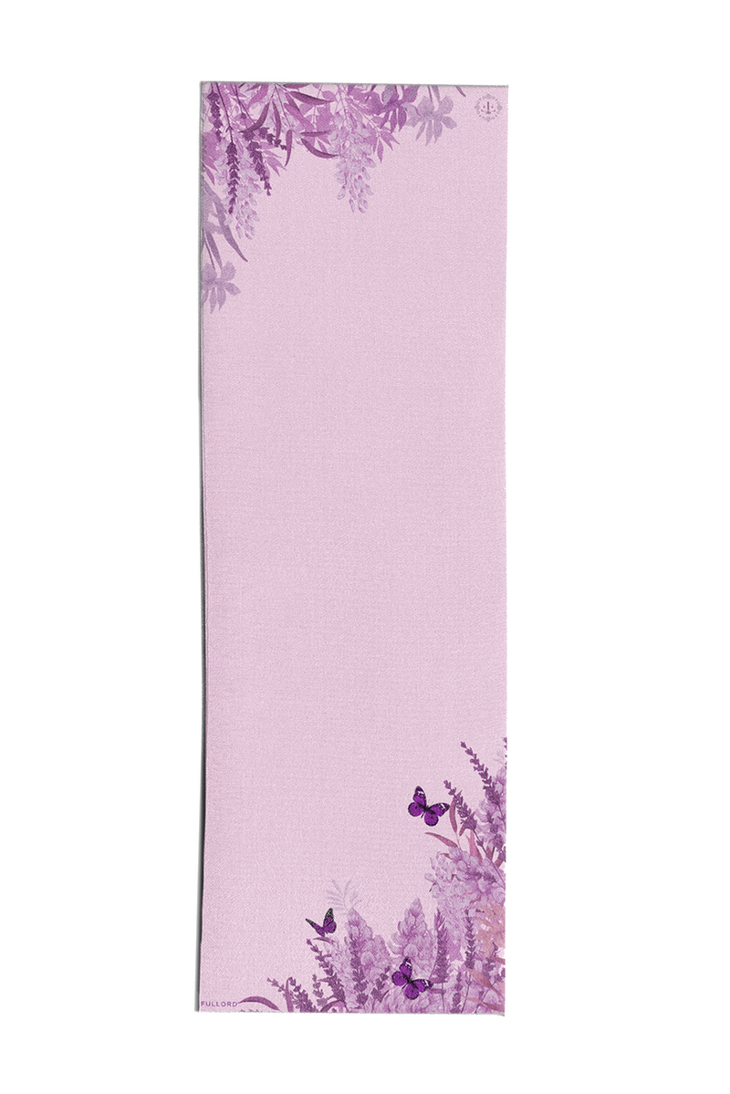 Lilac Garden Silk scarf with purple butterflies and  floral motif. This lilac scarf is 100% silk an is made in France